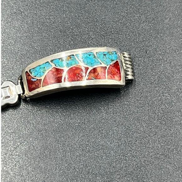 Vintage Native American Sterling Turquoise Coral Expandable Watch Band Bracelet - Picture 4 of 10